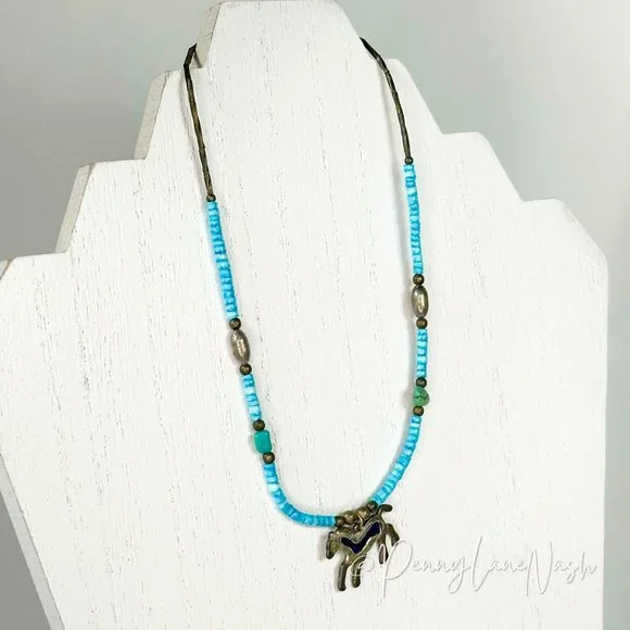 Vintage Turquoise Beads w Silver Horse Pendant Necklace - Picture 3 of 5